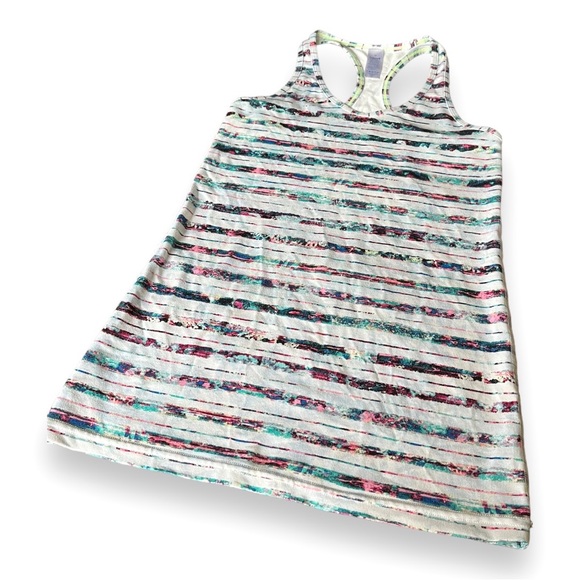 Ivivva Lululemon Girls Racerback Tank Top in White with Colorful Modern Stripes - Picture 3 of 9